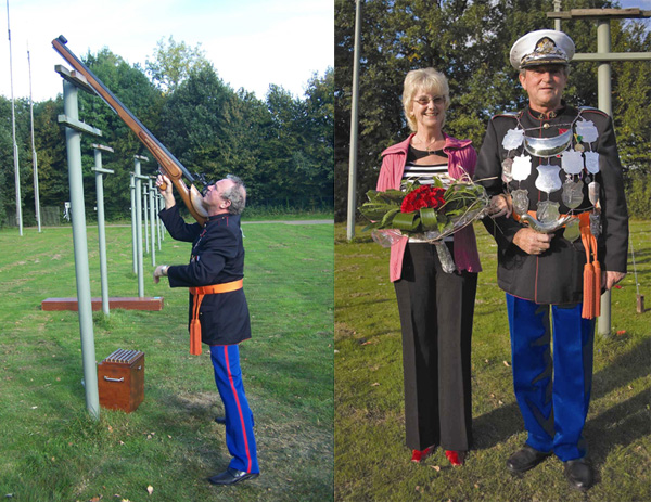 Links: Thei Hoorens onder de buks voor het beslissende schot.  Rechts: het stralend nieuw koningspaar 2008 Thei en Marie-José Hoorens-Frusch   foto:Schutterij St. Stephanus