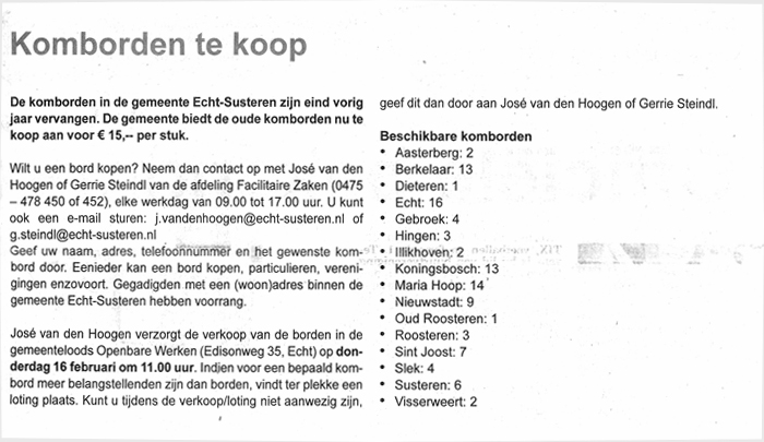 Advertentie verkoop Komborden