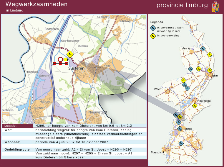 Overzichtskaartje wegwerkzaamheden Provincie Limburg