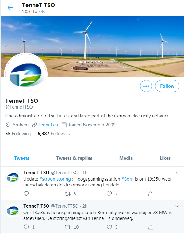 TenneT informeerde via haar twitter account de bevolking